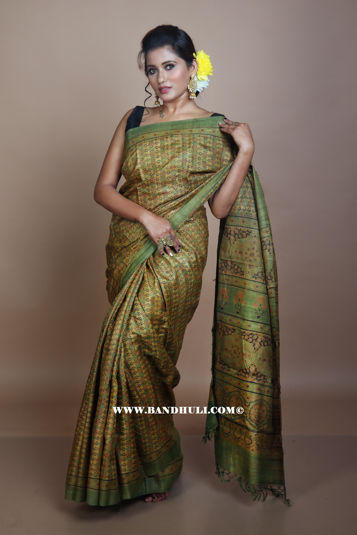 Sap Green Color Floral and Geometrical Pattern Tussar Ajrakh Hand Block Saree